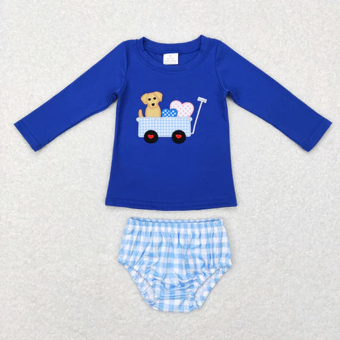 11.5 RTS Sibling Baby Boys Girls Embroidery Dogs Trucks Hearts Pants Bummies Valentine Clothes Sets