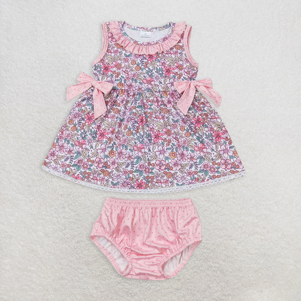 8.13  RTS Sibling Baby Girls Summer Outfits Floral sleeveless tunic polka dots shorts girls summer set