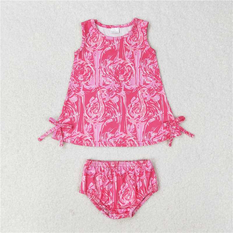 6.18 RTS NO MOQ Hot pink watercolor flamingo top ruffle shorts girls clothes dress tops