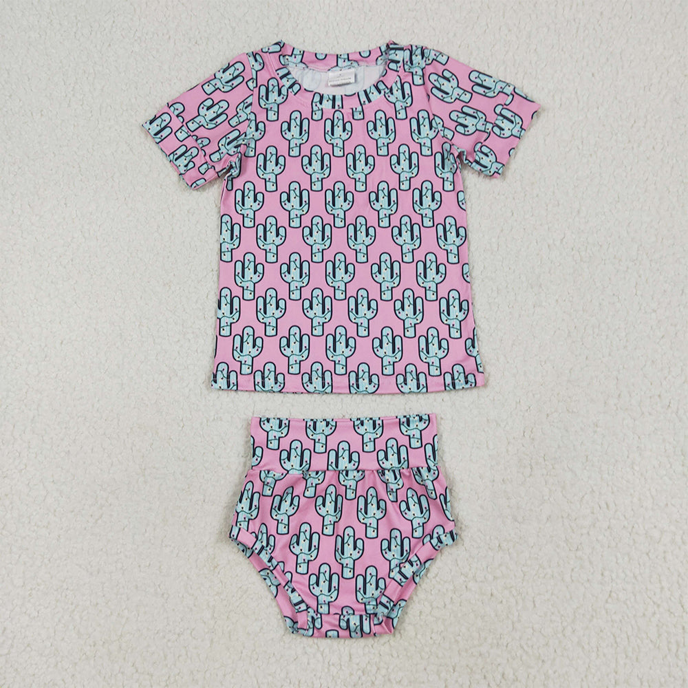 GBO0446 RTS NO MOQ Baby Girls Summer Outfits Baby Girls Pink Cactus Shirts Top Bummies Clothes Sets