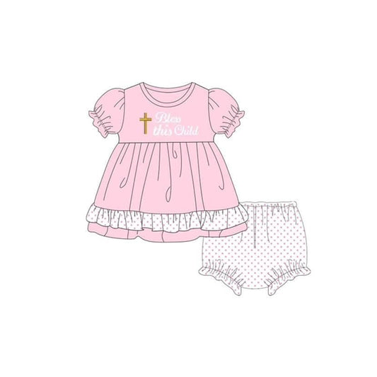 GBO0454 Baby Girls Easter Bless This Child Tunic Top Bummies Clothes Sets
