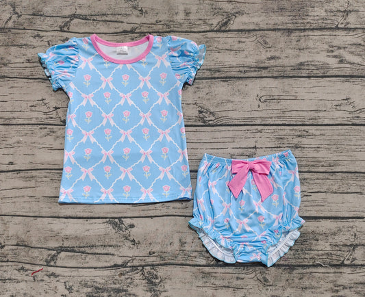 6.04   GBO0461 Sample 10days Arrived RTS Short sleeves light blue floral bow top bummies girls clothes