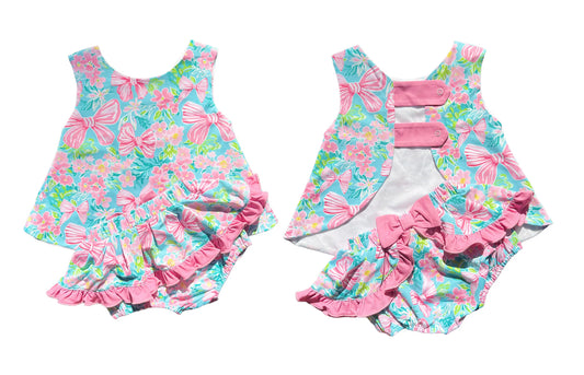 GBO0463Sleeveless floral bow top ruffle bummies baby girls clothes