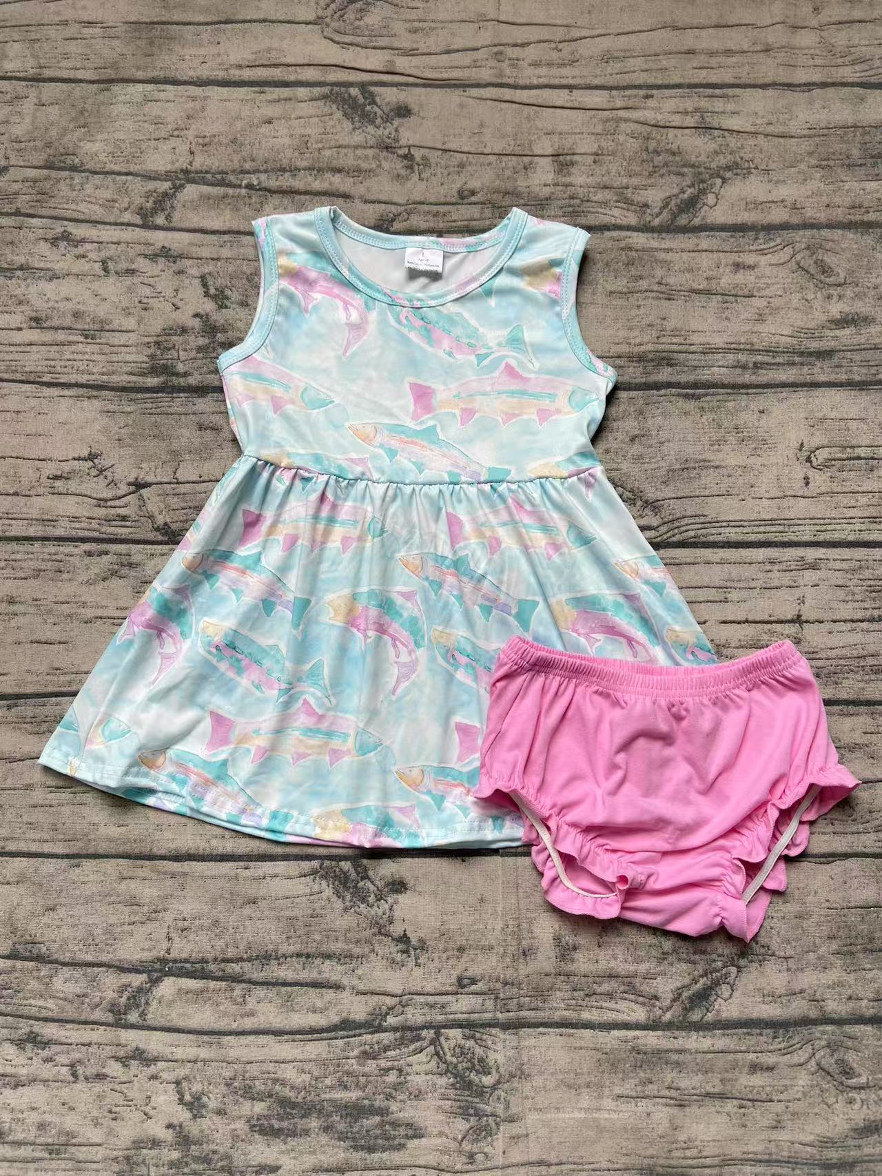 GBO0464Baby Girls Sleeveless Watercolor Fish Print Top with Bummies Cute Summer Outfit Set for Little Ones