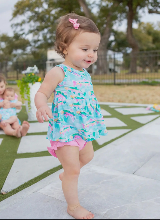 GBO0464Baby Girls Blue Sleeveless Fishes Tunic Pink Ruffle Bummies Set