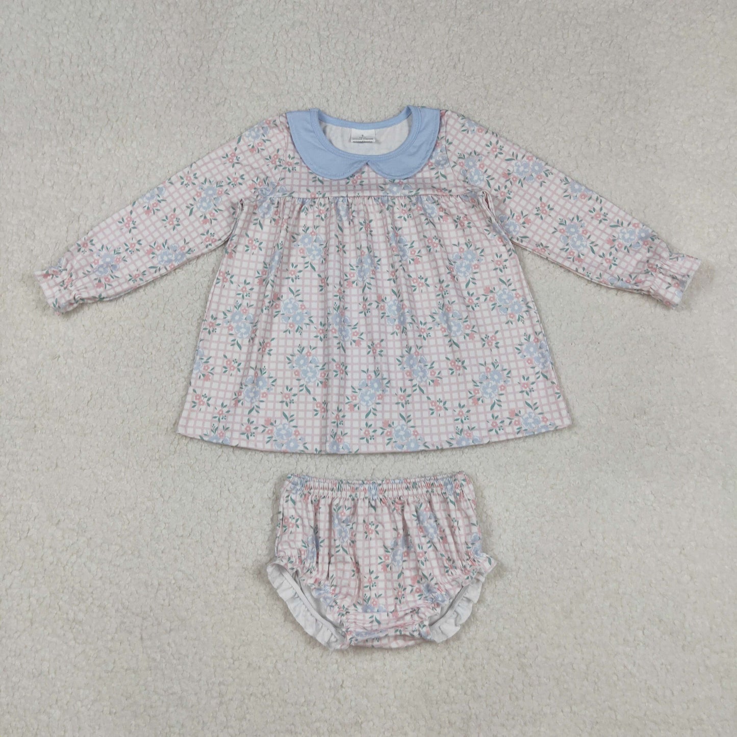 RTS NO MOQ （In stock）GBO0466 Baby Girls Summer Outfits Long Sleeve Bummies Set Pink Plaid Floral Doll Collar Outfit for Kids