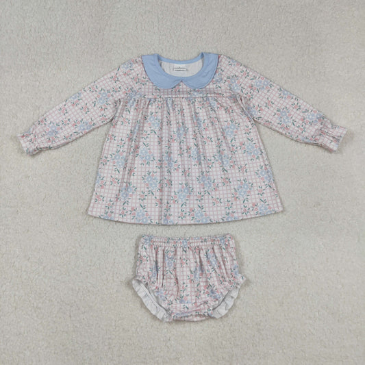 RTS NO MOQ （In stock）GBO0466 Baby Girls Summer Outfits Long Sleeve Bummies Set Pink Plaid Floral Doll Collar Outfit for Kids