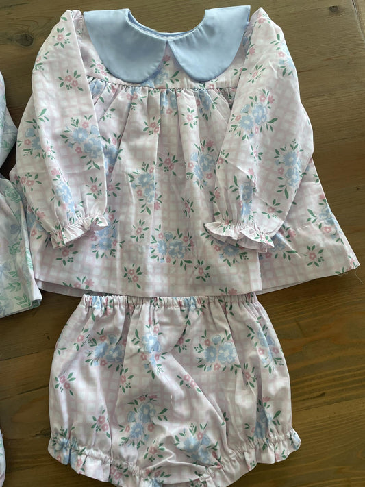 GBO0466Girls Long Sleeve Bummies Set Pink Plaid Floral Doll Collar Outfit for Kids