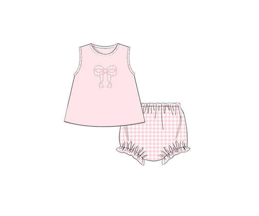 GBO0469Baby Girls Plaid Sleeveless Bow Tunic Bummies Comfortable Cotton Outfit for Spring/Summer