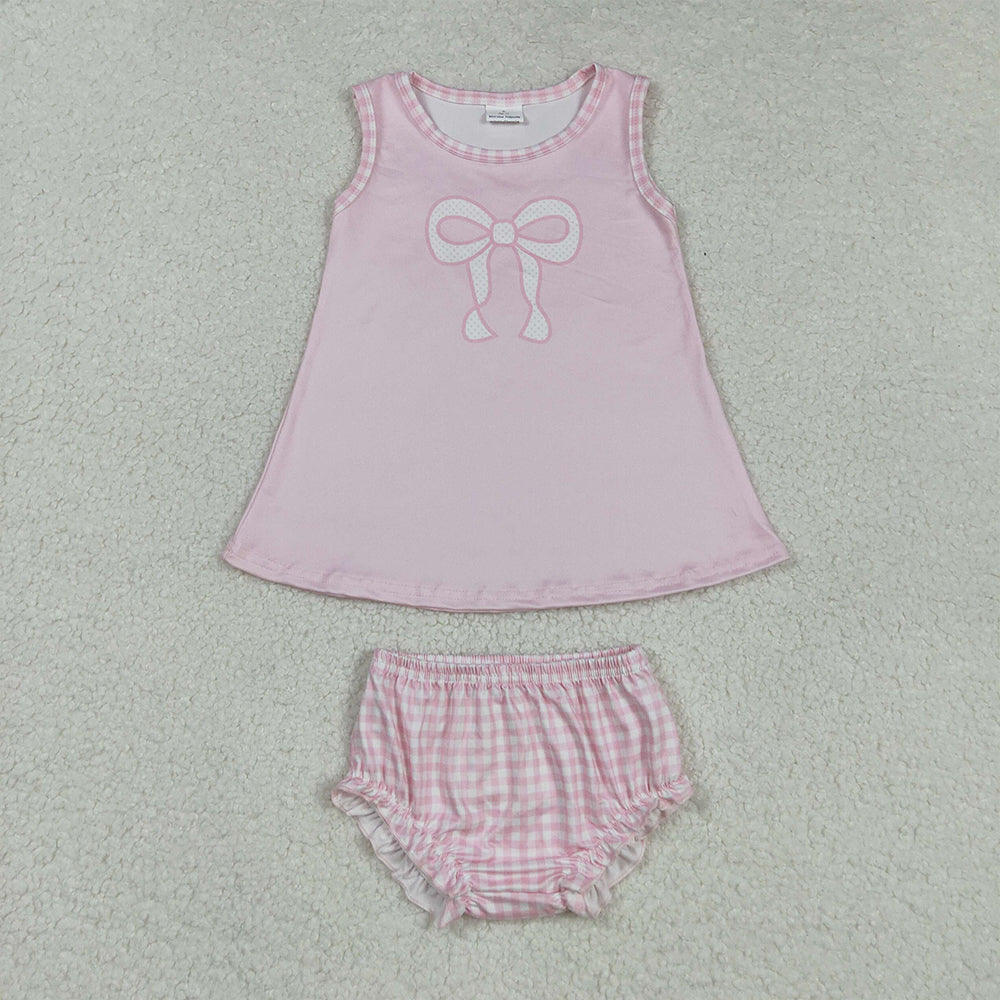 RTS Sibling Baby Girls Pink Bows Print Sleeveless Knee Length Dresses Bummies Set
