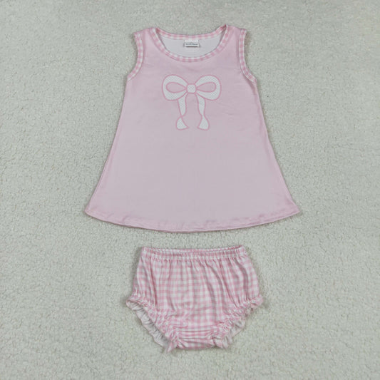 RTS NO MOQ （In stock）GBO0469 Baby Girls Summer Outfits Baby Girls Light Pink Sleeveless Bow Tunic Bummies Clothes Set
