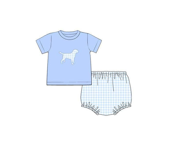 GBO0470Baby Boy Plaid Short Sleeve Dog Top with Bummies Comfortable Cotton Outfit for Infants