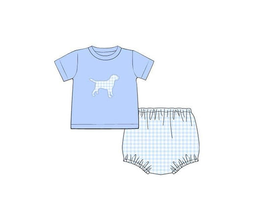 GBO0470Baby Boy Plaid Short Sleeve Dog Top with Bummies Comfortable Cotton Outfit for Infants