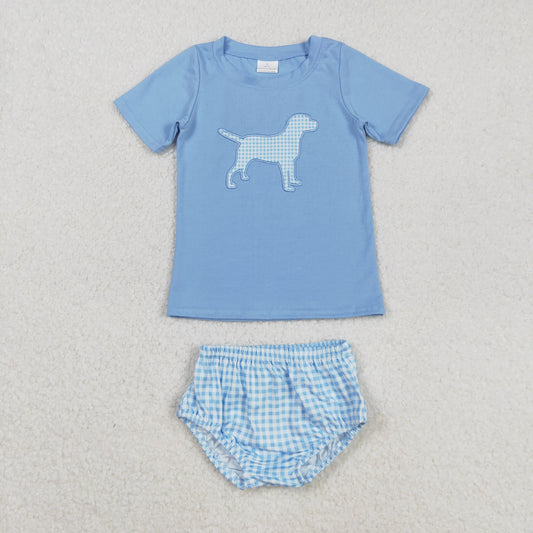 RTS NO MOQ （In stock）GBO0470 Baby Girls Summer Outfits Embroidery Dog Baby Boys Blue Shirts Top Bummies Clothes Sets