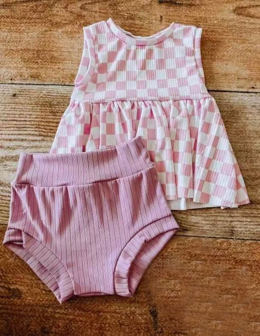 GBO0471Pink Plaid Sleeveless Tunic Bummies Baby Girls Outfit Cute Casual Clothing Set for Infants