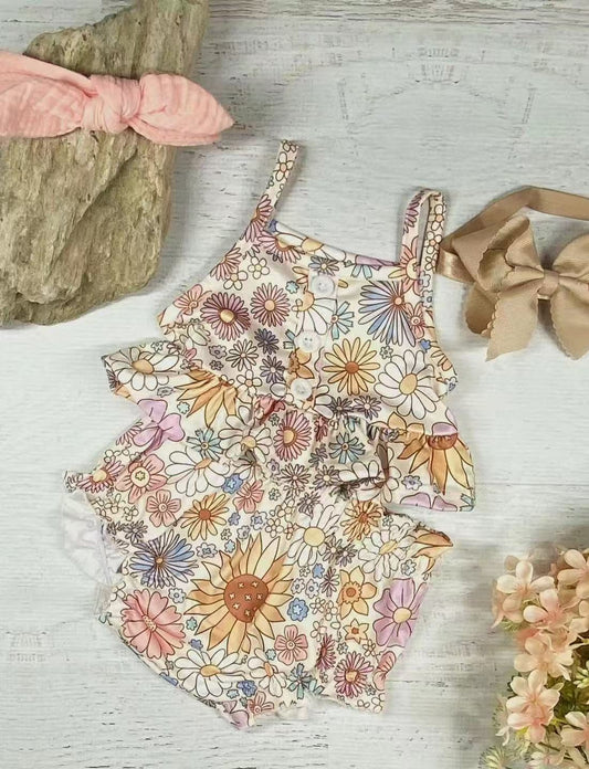 GBO0472Floral Ruffle Crop Top Bummies Baby Girls Clothes Straps Adjustable Floral Print Baby Girl Outfit Set