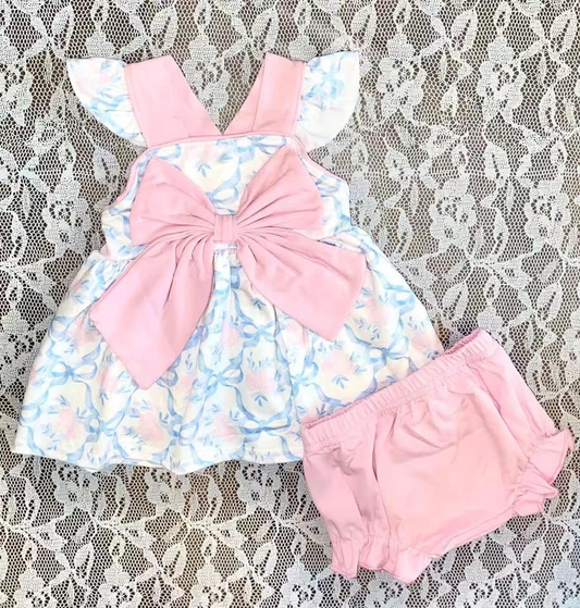 GBO0473Pink Floral Bow Tunic with Flutter Sleeves Baby Girls Clothes Set Cute Bummies Included for Little Fashionistas