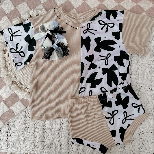 GBO0474 Pre order Short sleeves khaki black bow patchwork girls bummies clothes