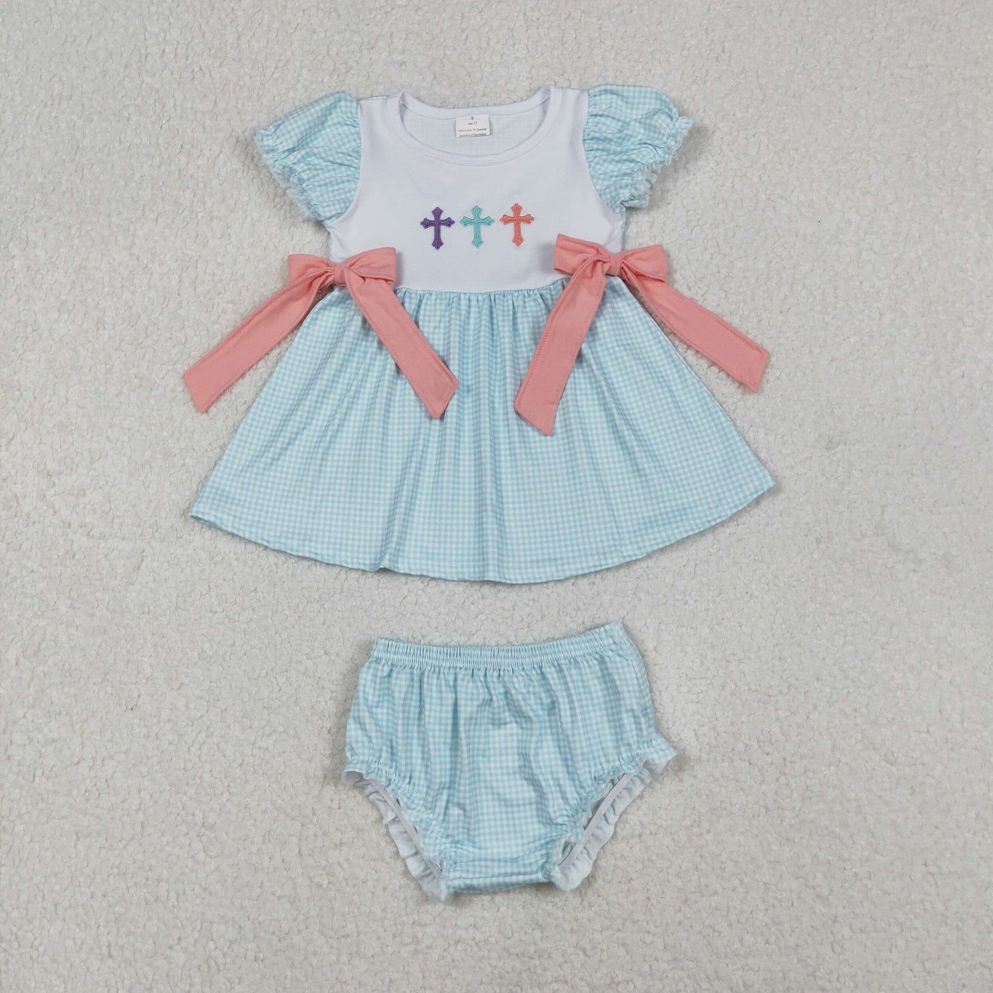 11.1 RTS NO MOQ （In stock）GBO0480 Baby Girls Summer Outfits Embroidery Crosses Baby Girls Bows Tunic Bummies Easter Clothes Sets