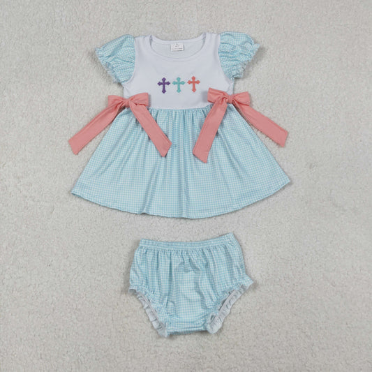 11.1 RTS NO MOQ （In stock）GBO0480 Baby Girls Summer Outfits Embroidery Crosses Baby Girls Bows Tunic Bummies Easter Clothes Sets