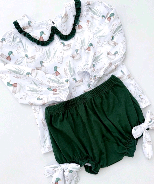 9.24 GBO0482 Pre order No Moq Baby Girls Long Ruffle Sleeve Ducks Tunic Bummies Clothes Sets