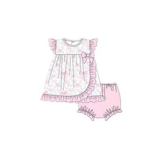 10.14 GBO0483 Pre order No Moq Baby Girls Flutter Sleeve Bows Floral Tunic Bummies Clothes Sets