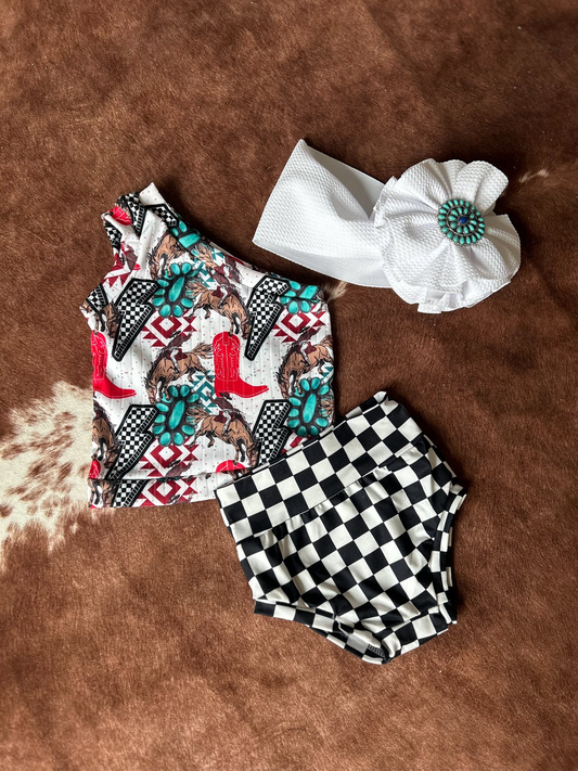 11.12 GBO0485 Pre Order No moq Baby Girls One Shoulder Boots Top Bummies Western Clothes Sets