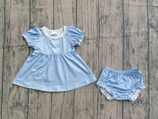2.3 GBO0486 Sample No Moq Embroidery Bows Baby Girls Blue Stripe Tunic Bummies Clothes Sets