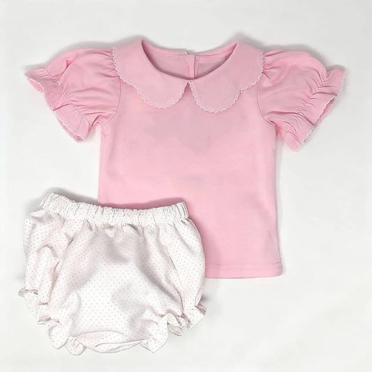 11.12 GBO0487 Pre Order No moq Baby Girls Pink Short Ruffle Sleeve Collar Top Bummies Clothes Sets