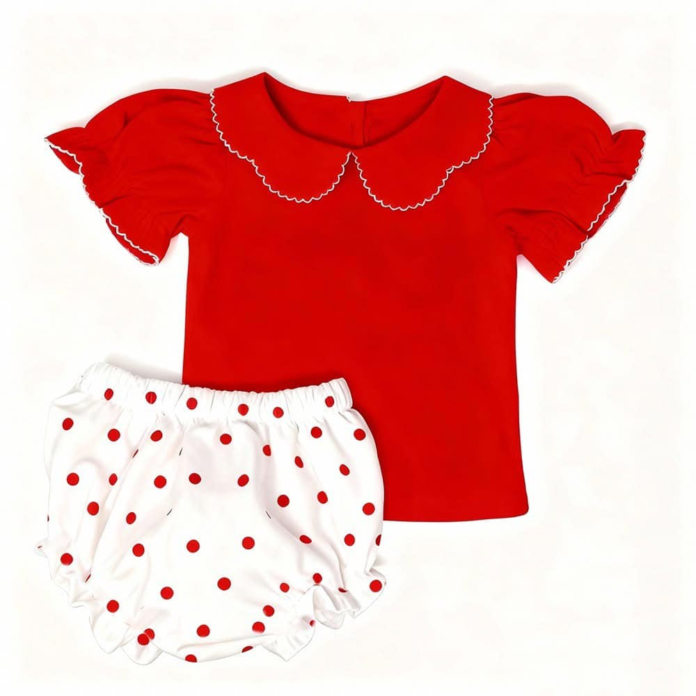 11.12 GBO0488 Pre Order No moq Baby Girls Red Short Ruffle Sleeve Collar Top Bummies Clothes Sets