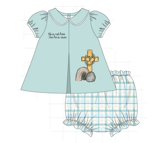 11.21 GBO0492 Pre Order No moq Baby Girls Crosses Collar Tunic Checked Bummies Easter Clothes Sets