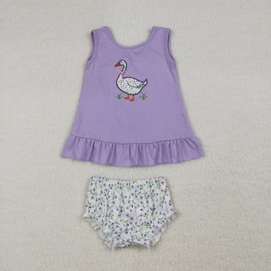 3.24 RTS NO MOQ （In stock）GBO0502 Baby Girls Fashion Embroidery Purple Floral Goose Back Bows Tunic Bummies Clothes Sets