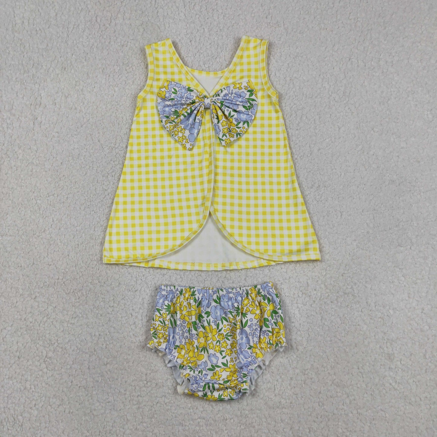 GBO0504 RTS NO MOQ （In stock）Sleeveless yellow plaid top floral bummies baby girls set