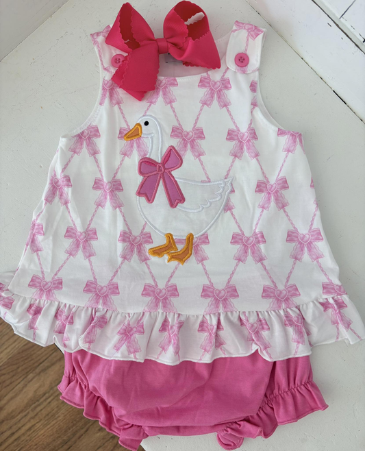 2.28 GBO0505 Pre Order No moq Baby Girls Summer Pink Bows Checked Goose Tunic Bummies Clothes Sets