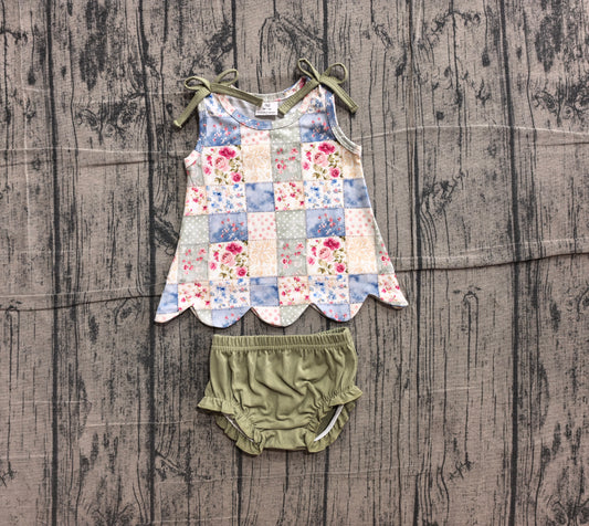 6.10 GBO0511 Sample No Moq Baby Girls Floral Check Print Sleeveless Tunic Top Bummies Two Piece Casual Clothes Sets
