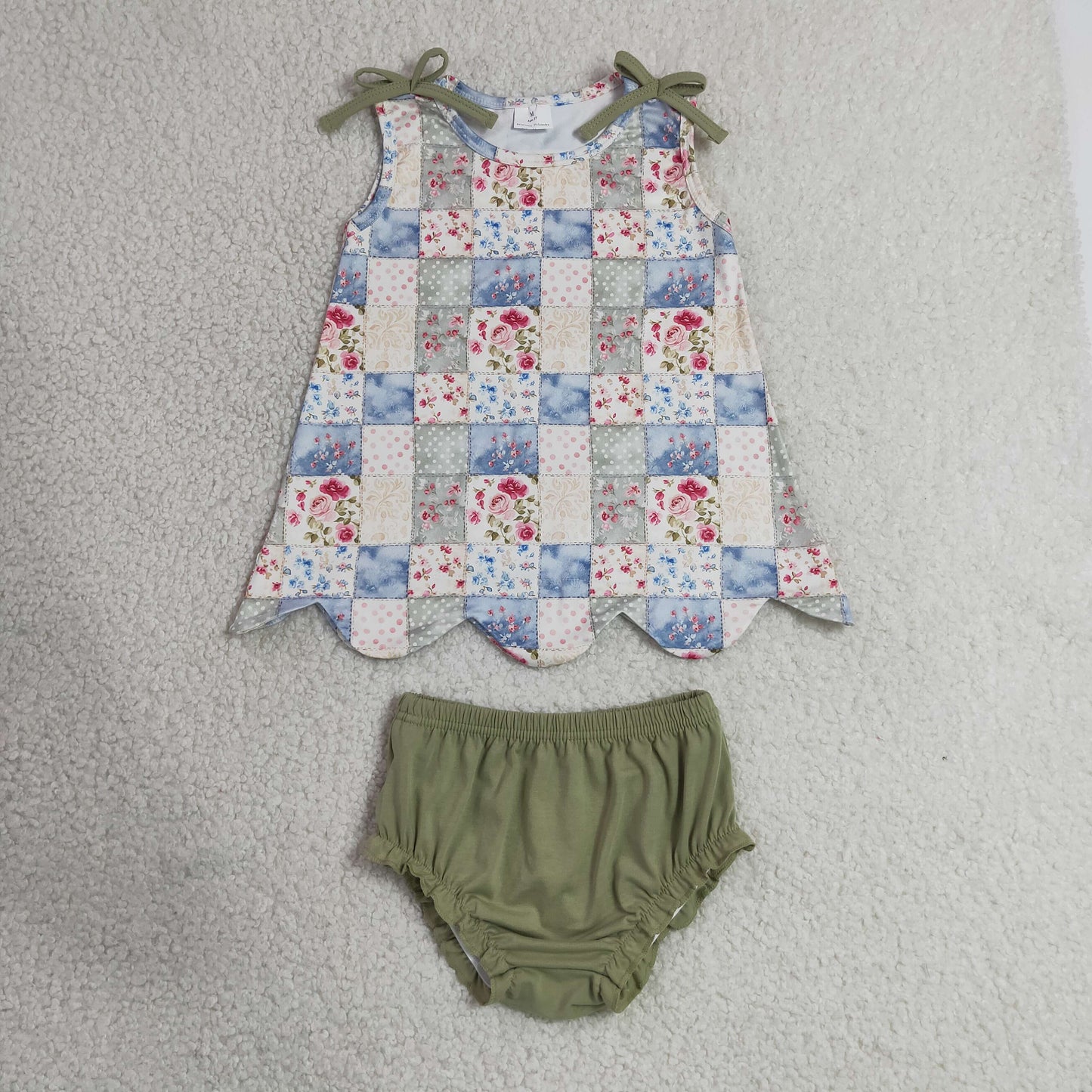 7.6 GBO0511  RTS NO MOQ （In stock）Baby Girls Floral Check Print Sleeveless Tunic Top Bummies Casual Clothes Sets