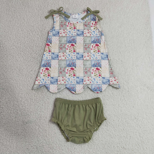 7.6 GBO0511  RTS NO MOQ （In stock）Baby Girls Floral Check Print Sleeveless Tunic Top Bummies Casual Clothes Sets