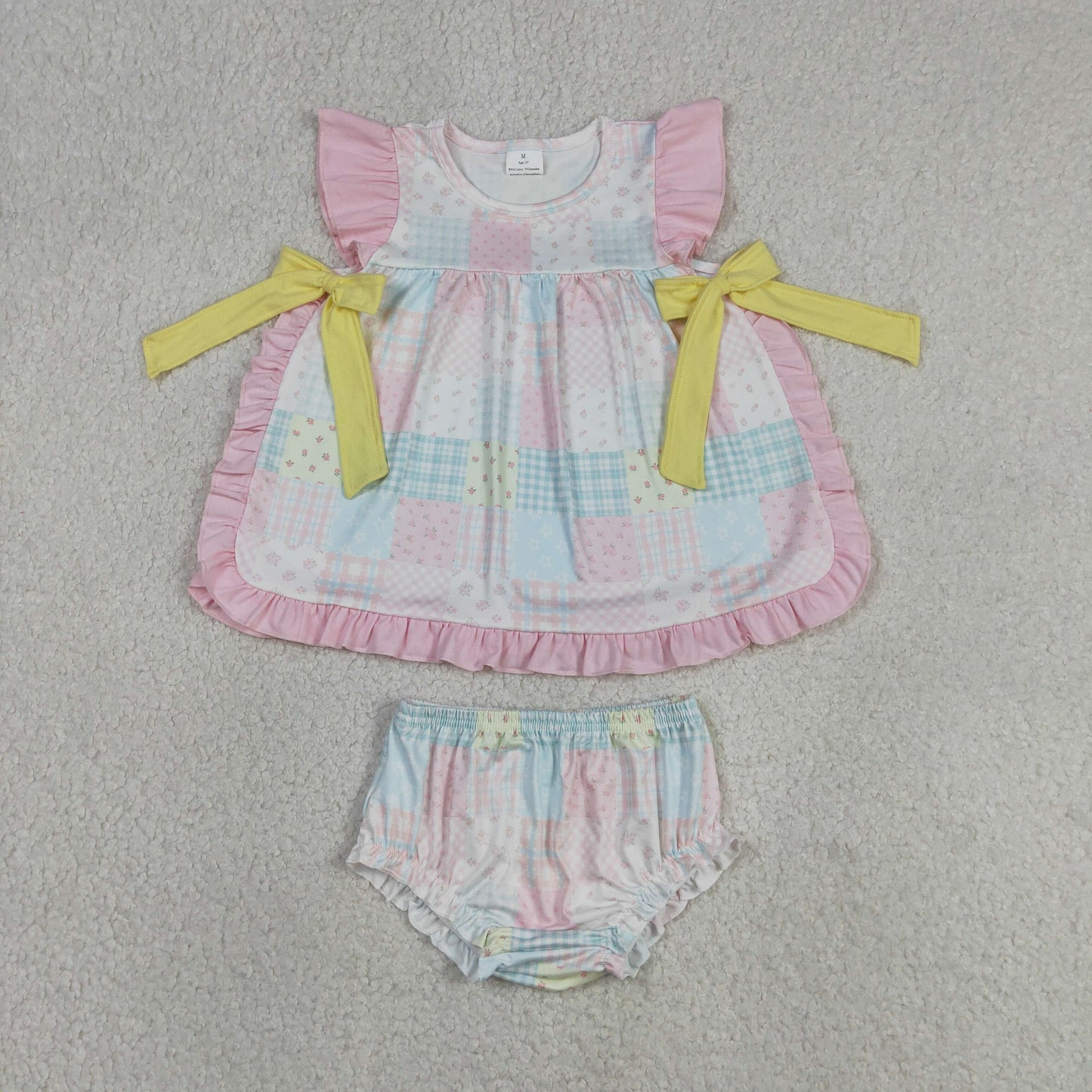 GBO0513 RTS NO MOQ （In stock）Pink flutter sleeves floral bow tunic bummies girls outfits