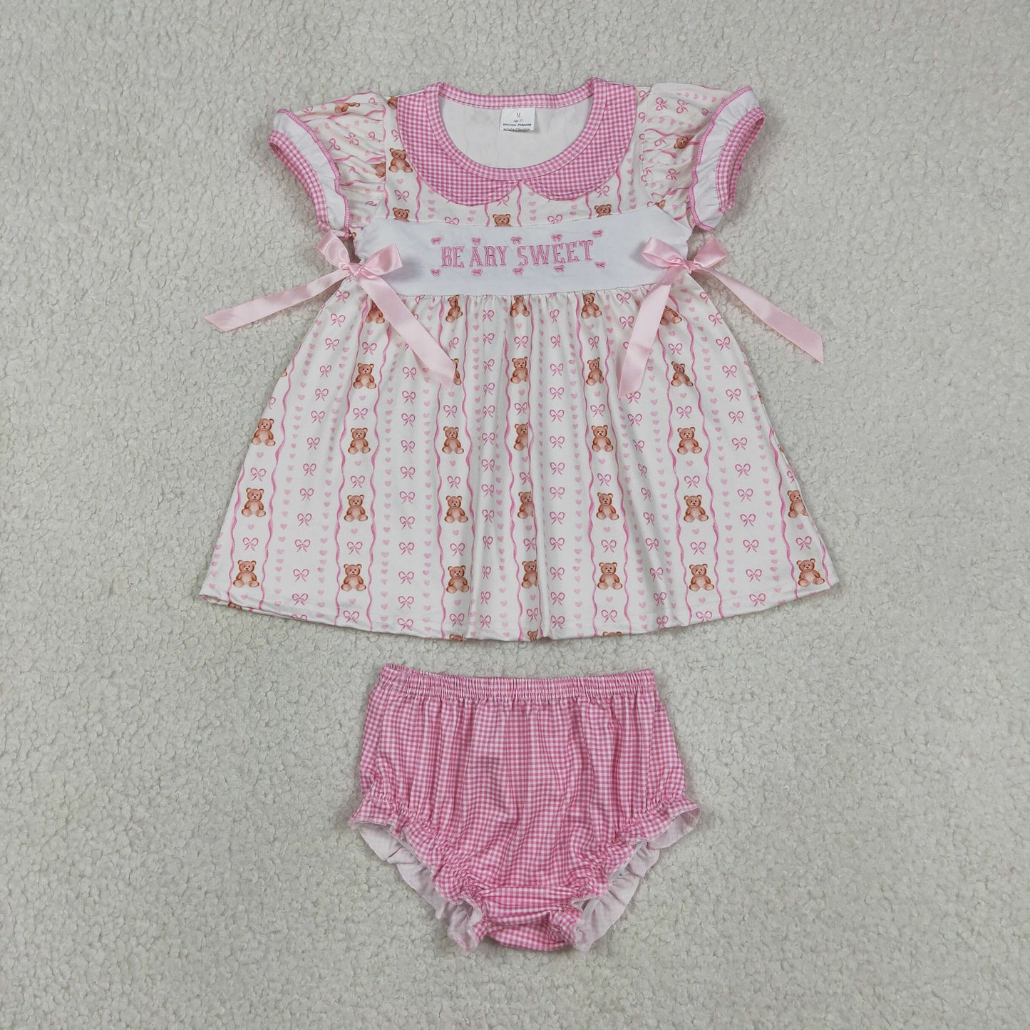 GBO0520 RTS NO MOQ （In stock）Embroidery Be Ary Sweet Baby Girls Heart Bears Stripe Tunic Bummies Clothes Sets