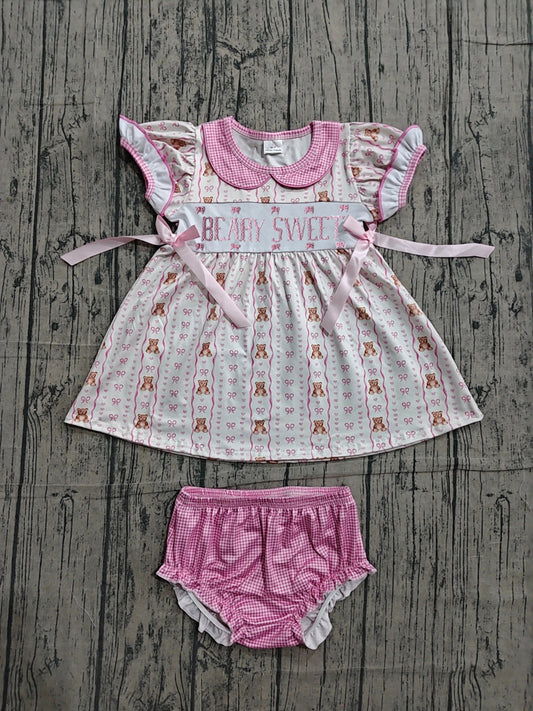 4.12 GBO0520 Sample No Moq Embroidery Beary Sweet Baby Girls Hearts Bears Tunic Bummies Clothes Sets