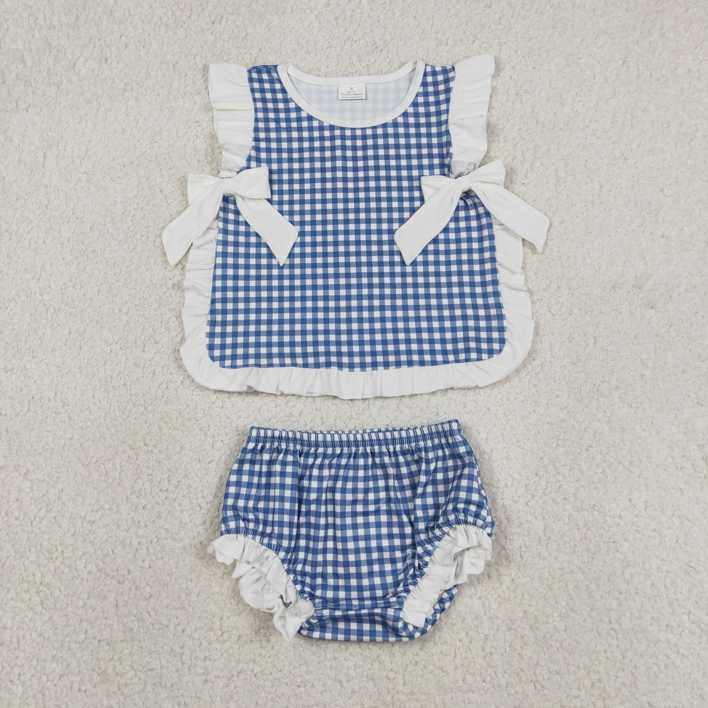GBO0528 RTS NO MOQ （In stock）Ruffle bow blue plaid baby girls summer bummies set
