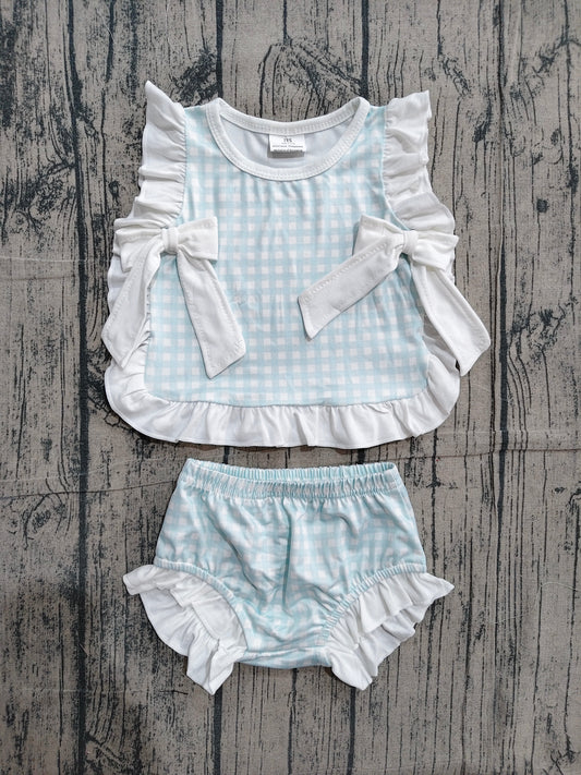 4.12 GBO0529 Sample No Moq Baby Girls Light Blue Checked Bows Tunic Bummies Clothes Sets