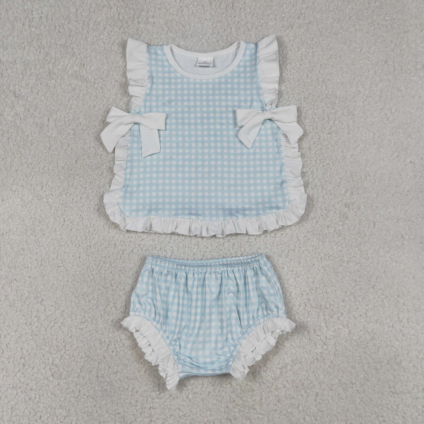 GBO0529 RTS NO MOQ （In stock）Baby Girls Light Blue Checked Bows Tunic Bummies Clothes Sets