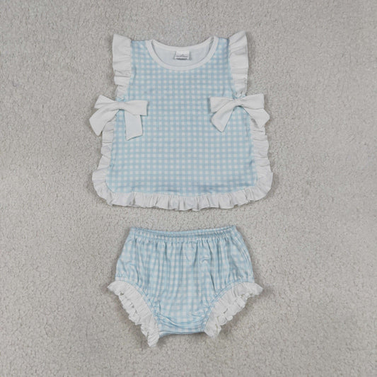 GBO0529 RTS NO MOQ （In stock）Baby Girls Light Blue Checked Bows Tunic Bummies Clothes Sets