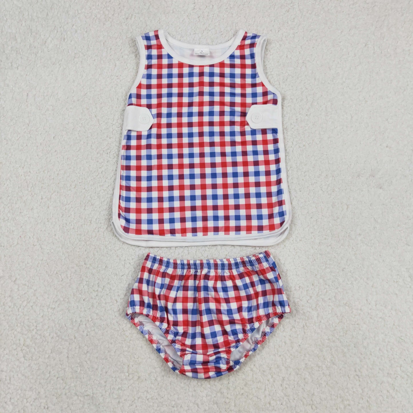 GBO0530 RTS NO MOQ （In stock）Red blue plaid top bummies baby boys 4th of july set