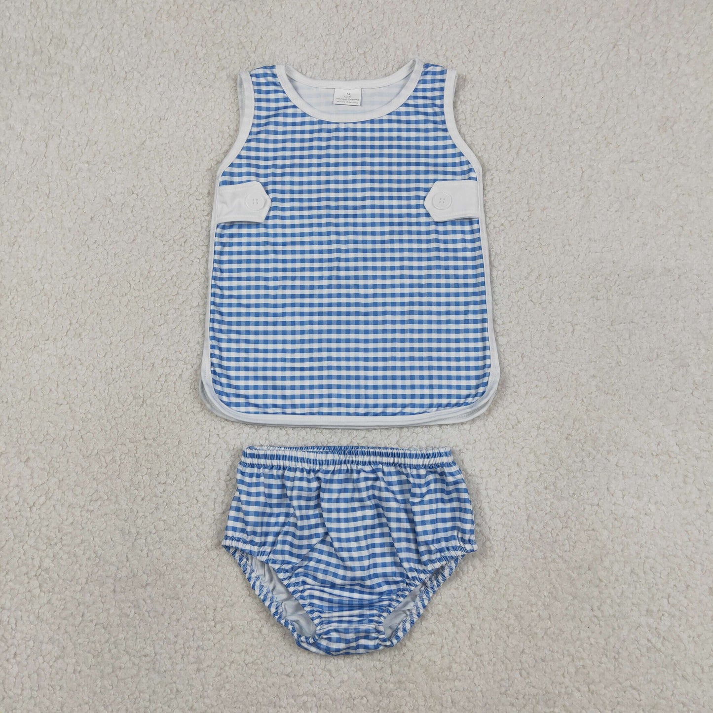 GBO0531 RTS NO MOQ （In stock）Sleeveless top light blue plaid bummies baby girls set