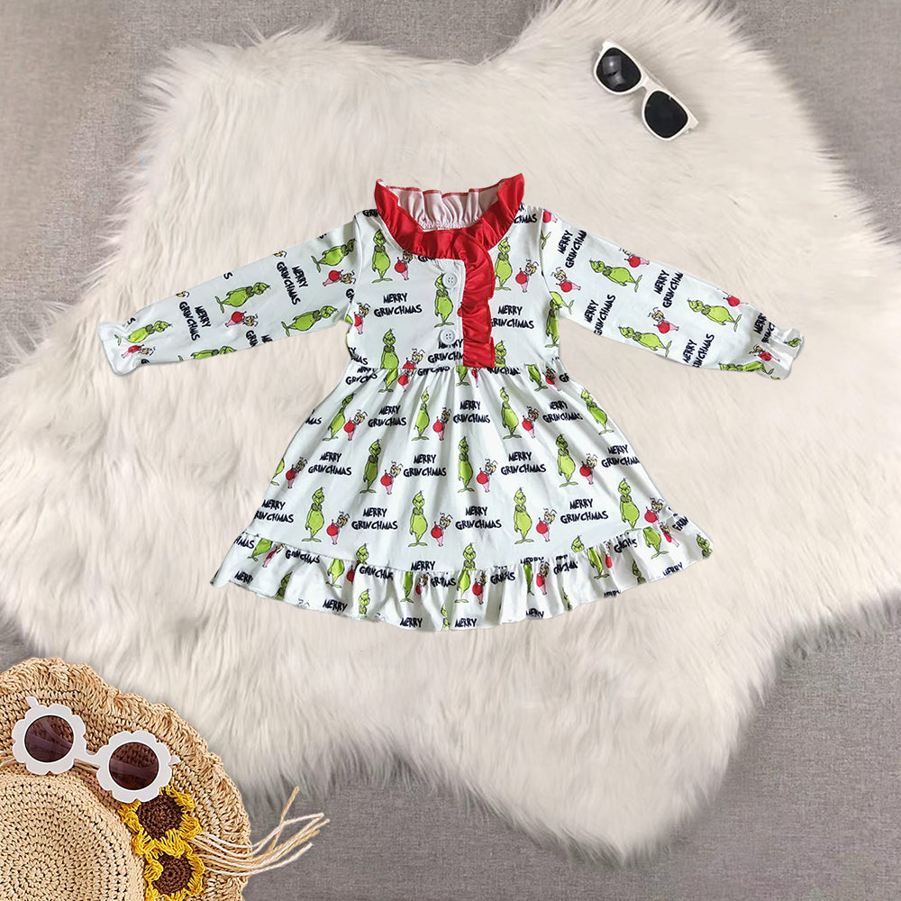 8.20 RTS Sibling Green face merry Christmas kids girls pajamas set