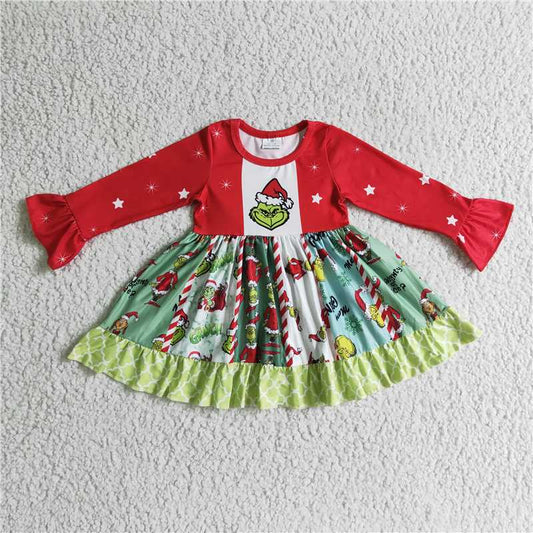 RTS  Green face long sleeve panel twirl baby girls Christmas dresses