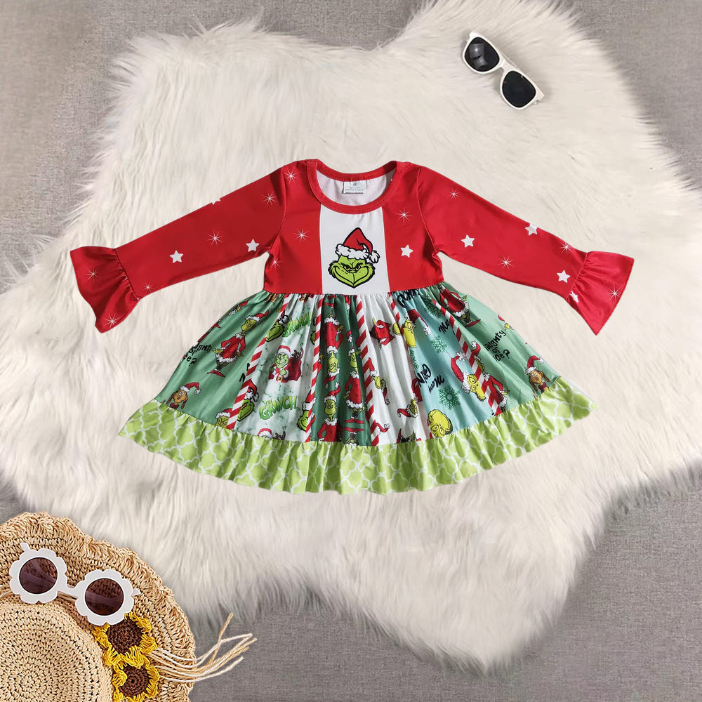 8.23 RTS Sibling Baby Girls Green face long sleeve panel twirl baby girls Christmas dresses