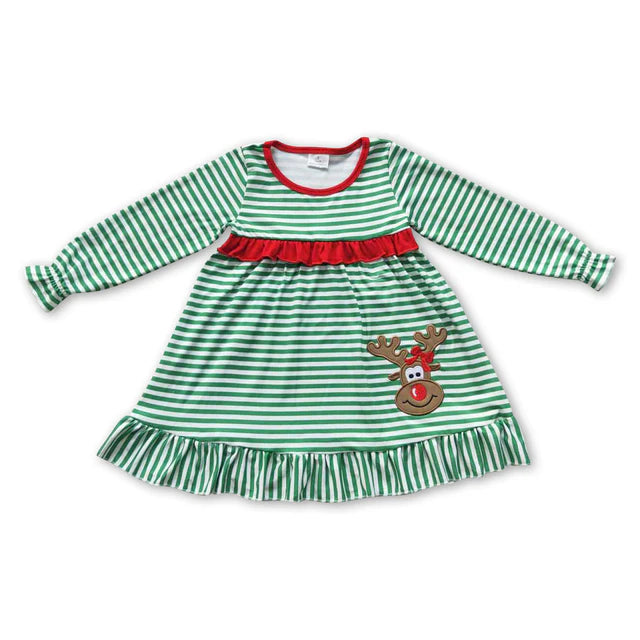 Sibling Baby Kids Christmas Embroidery Deer Stripe Clothes Sets Rompers Dresses